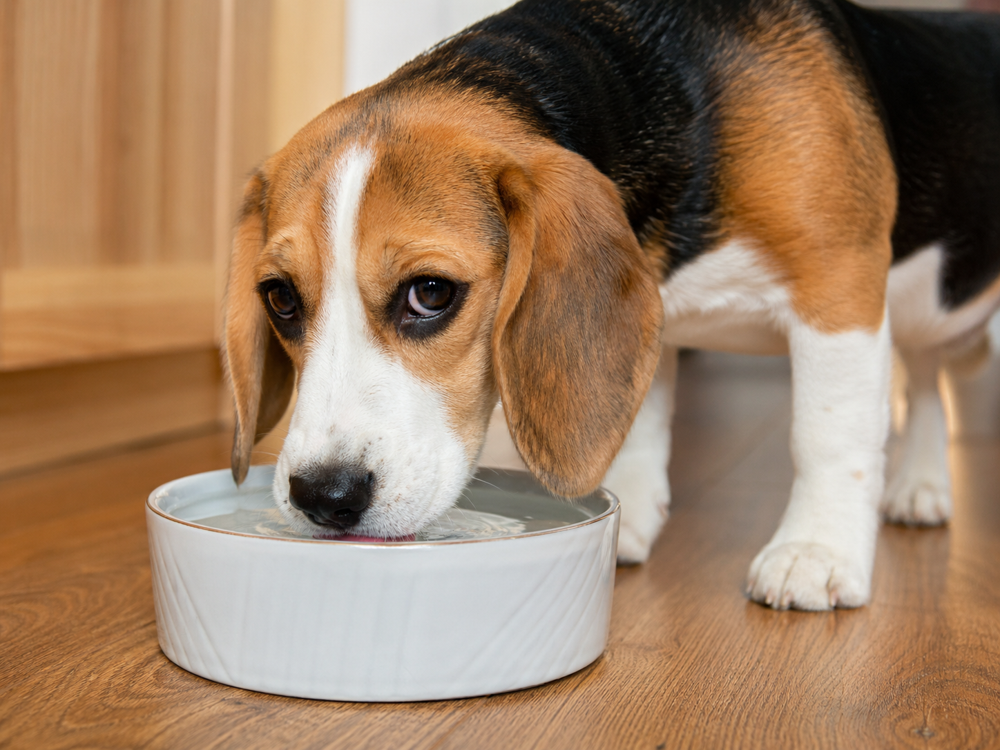 Beagle drinking water from a bowl