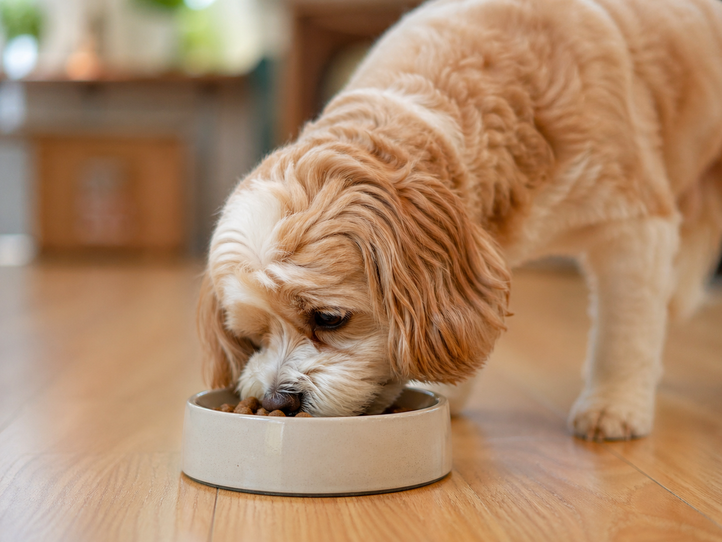 Small dog eating kibble from a bowl
