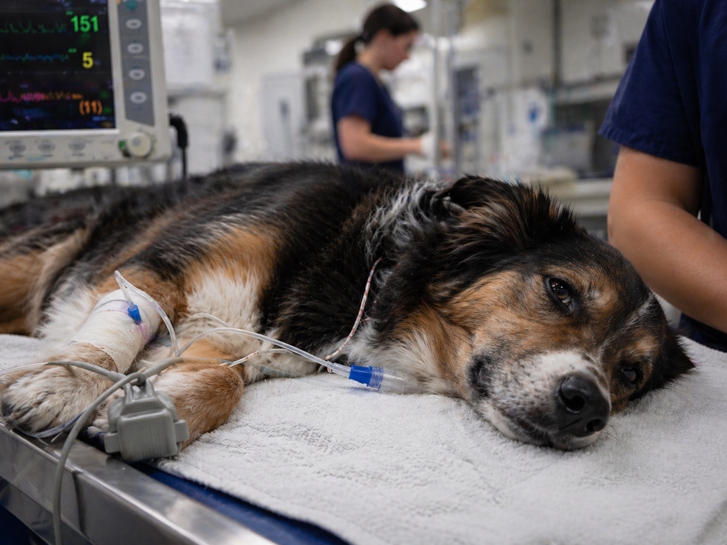 Dog lying on a veterinary exam table with medical tubes attached in a calm clinical setting.