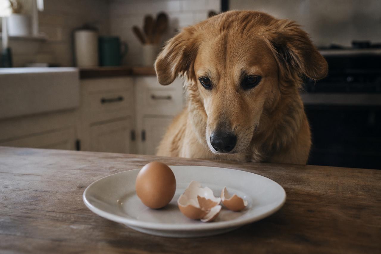 Dog beside eggs and finely ground eggshell powder on a kitchen counter.