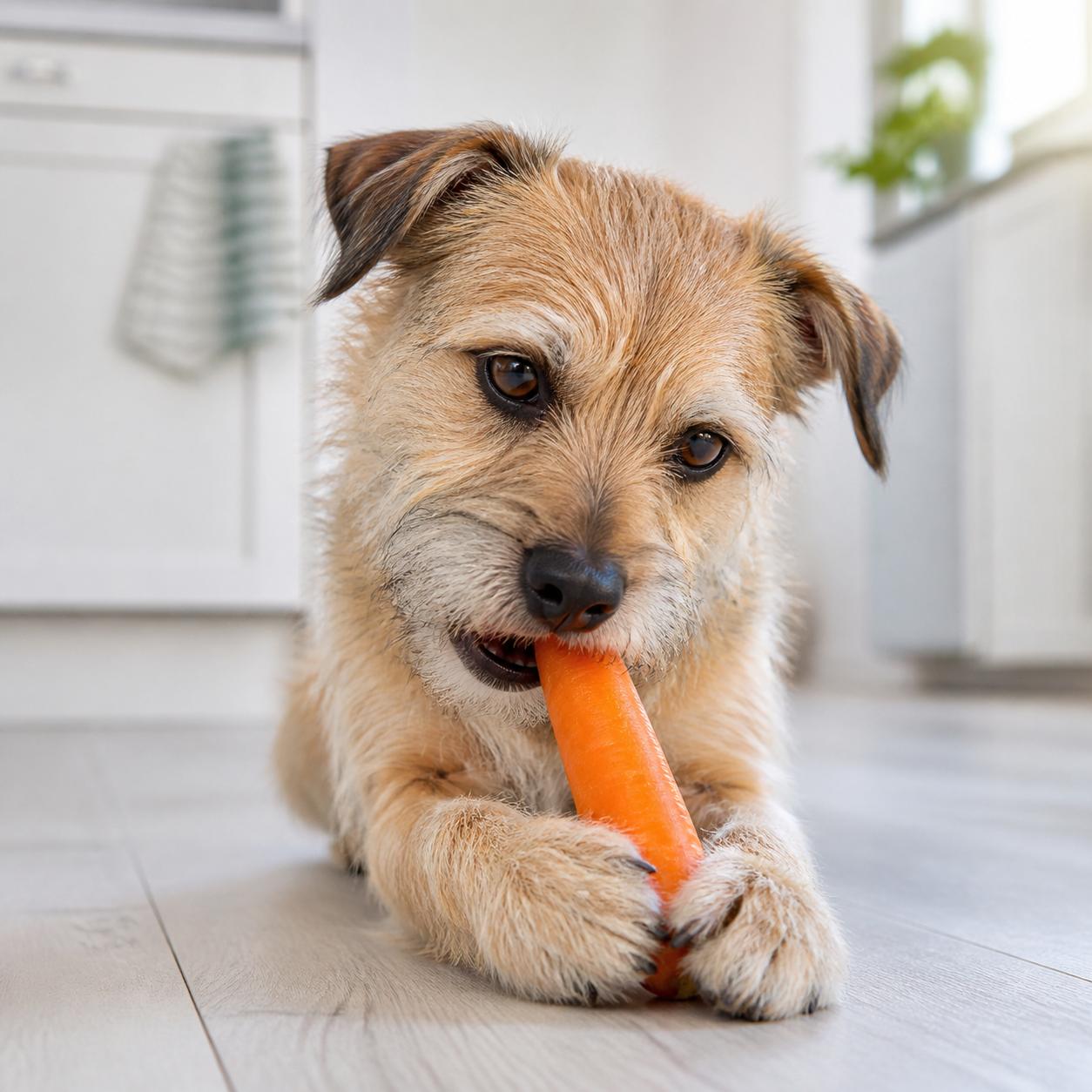 Small dog chewing a carrot on a kitchen floor