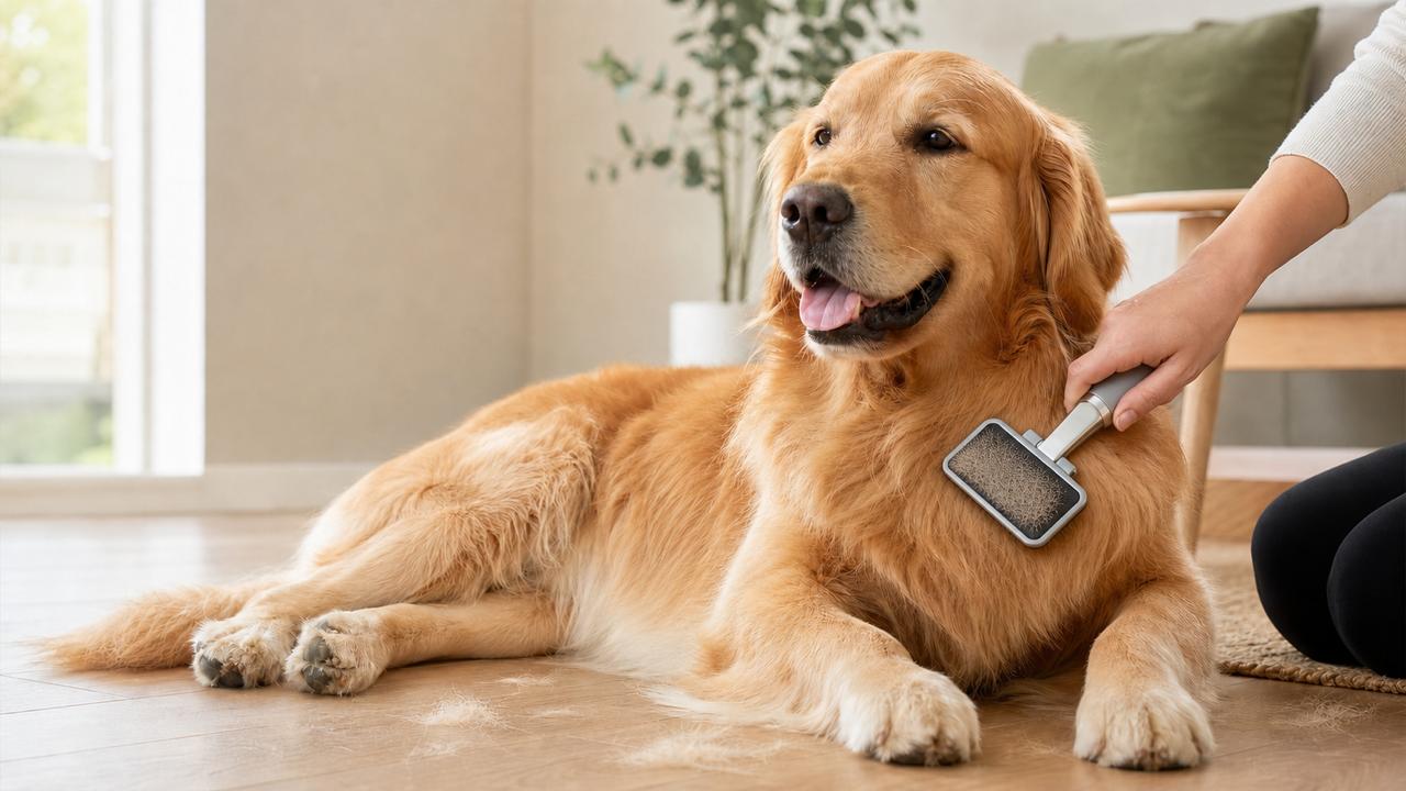 Golden retriever being brushed indoors with loose fur visible on the floor.